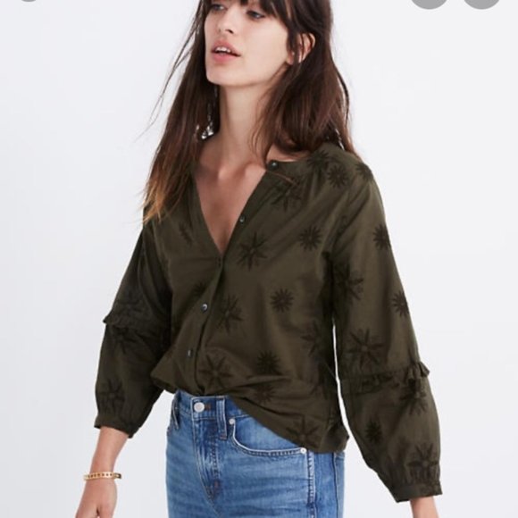 Madewell Tops - Madewell Olive Green Embroidered Puff Sleeve Shirt